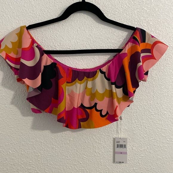 NWT-TRINA TURK-WOMEN'S FAN FAIRE OFF THE SHOULDER RUFFLE BANDEAU SWIM TOP-SIZE 6 - Picture 5 of 14